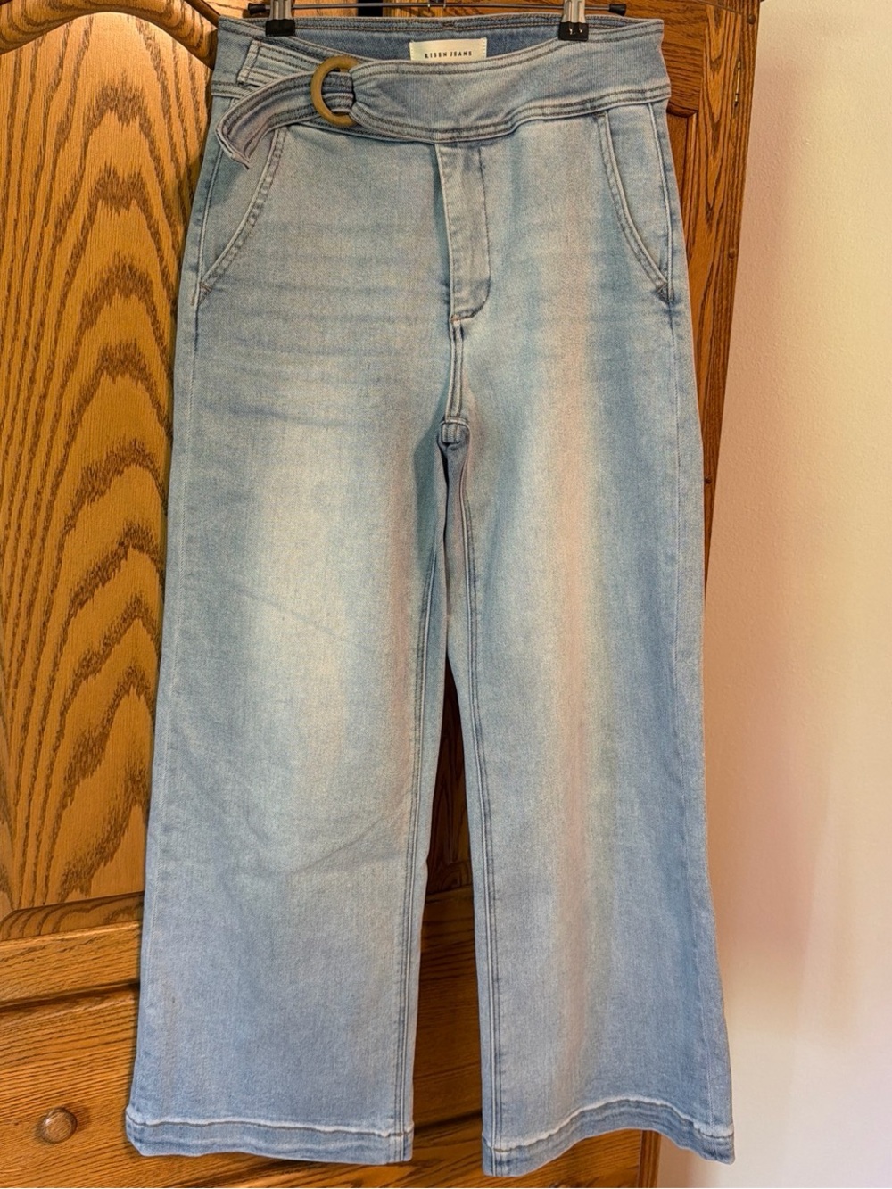 Risen Jeans Light Blue Wide-Leg Jeans with wooden belt loop detail